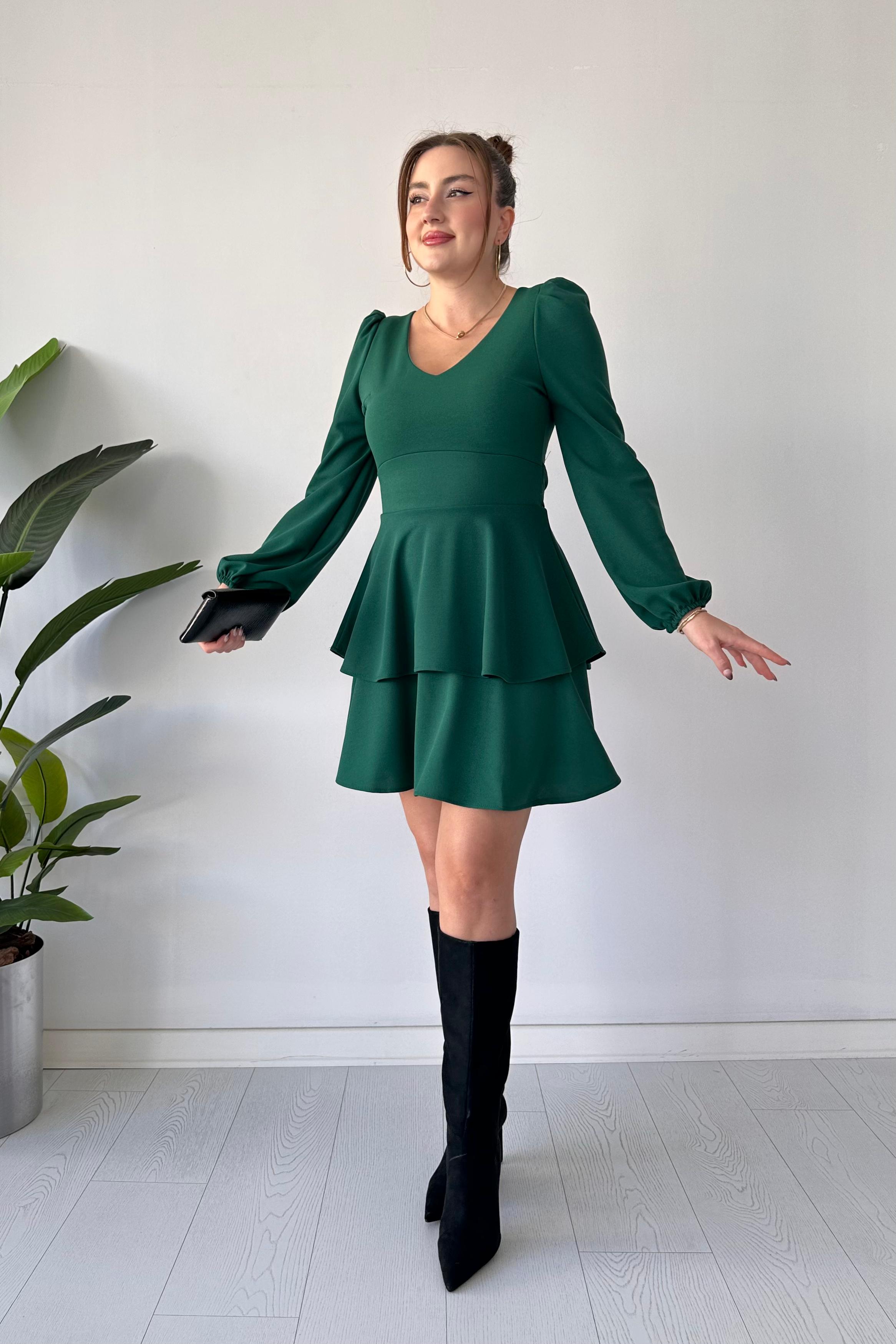 Katlı Krep Elbise Zümrüt