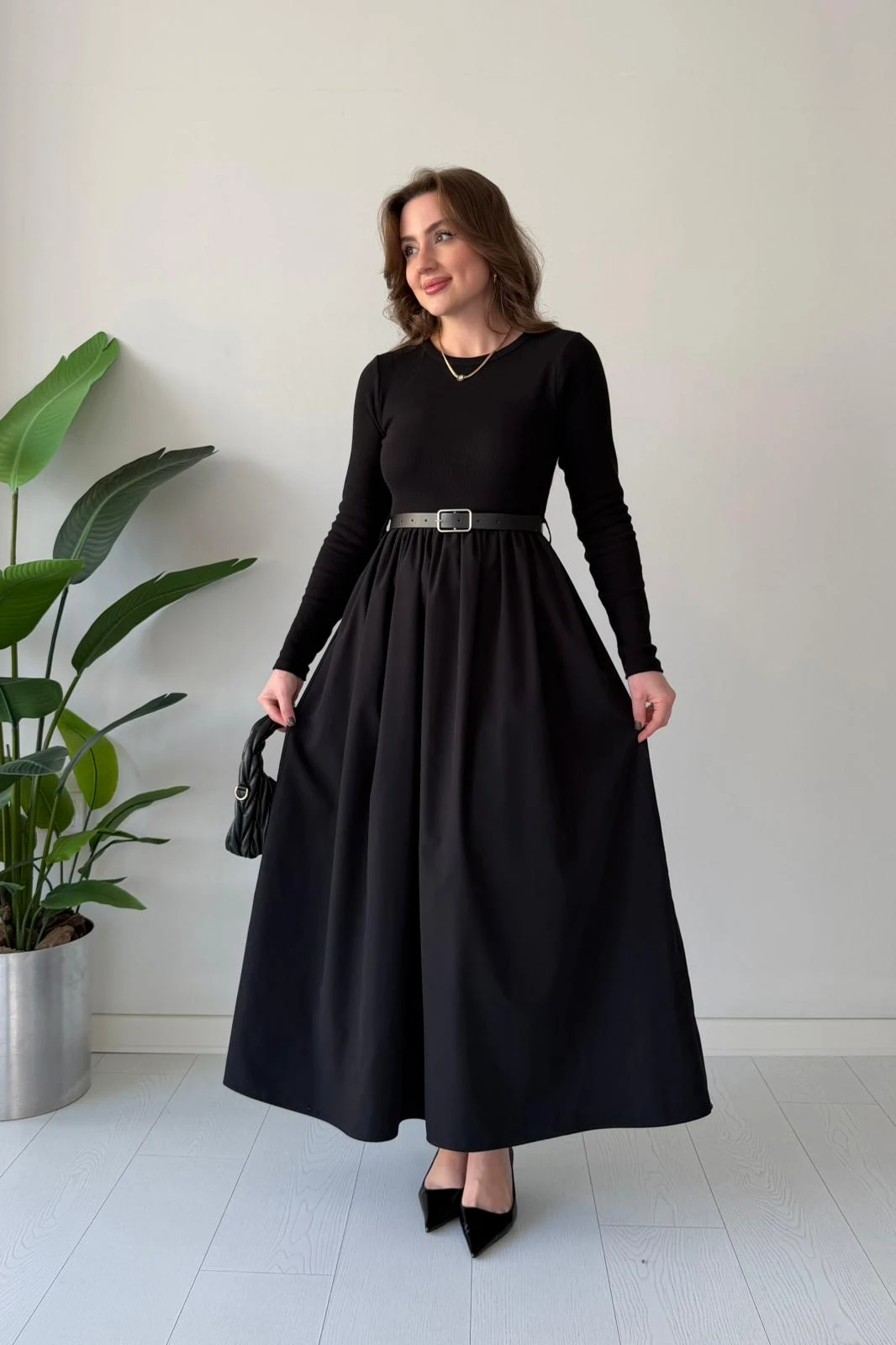 Kemerli Poplin Detay Elbise