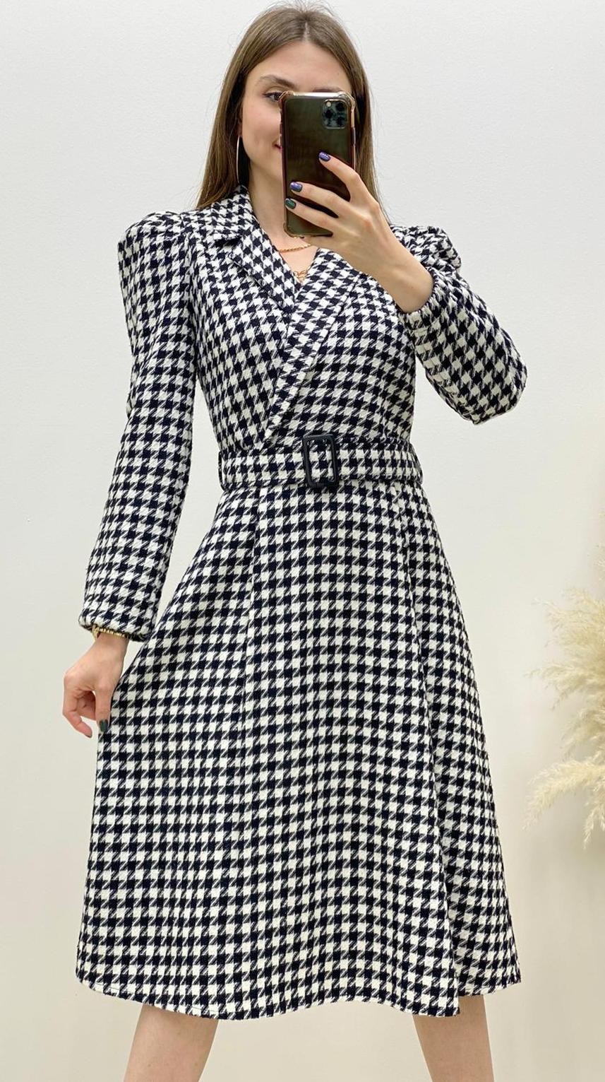 Kruvaze Kemerli Kazayağı Kaşe Elbise