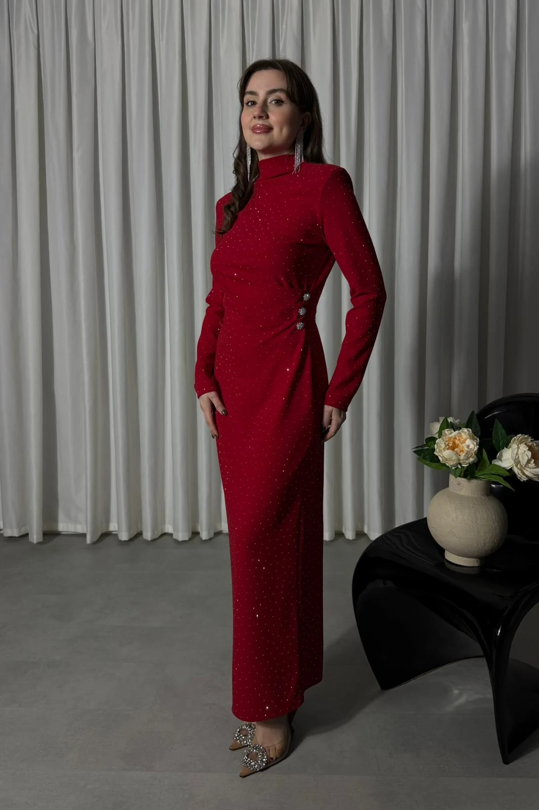 Üç Taşlı Parıltılı Krep Elbise - Kırmızı