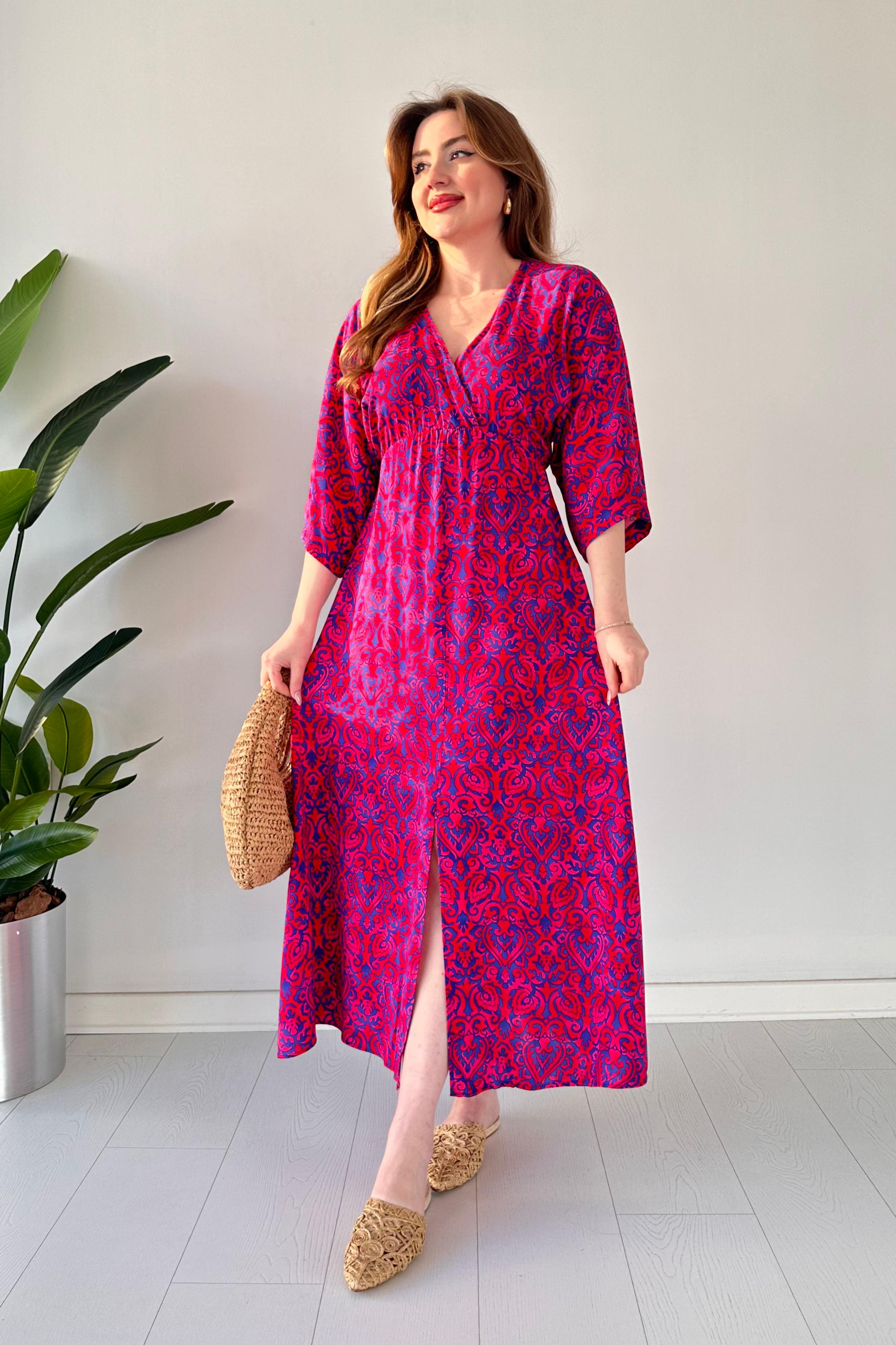 Yarasa Kol Viskon Elbise Fuşya