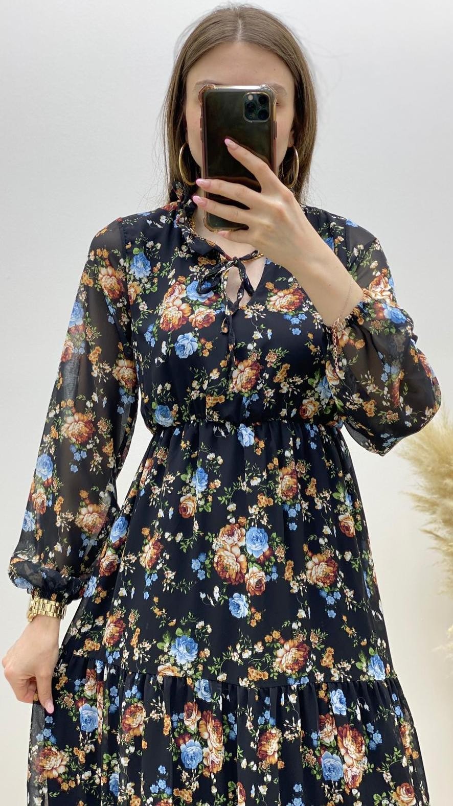 Mavi Gül Desenli Şifon Elbise