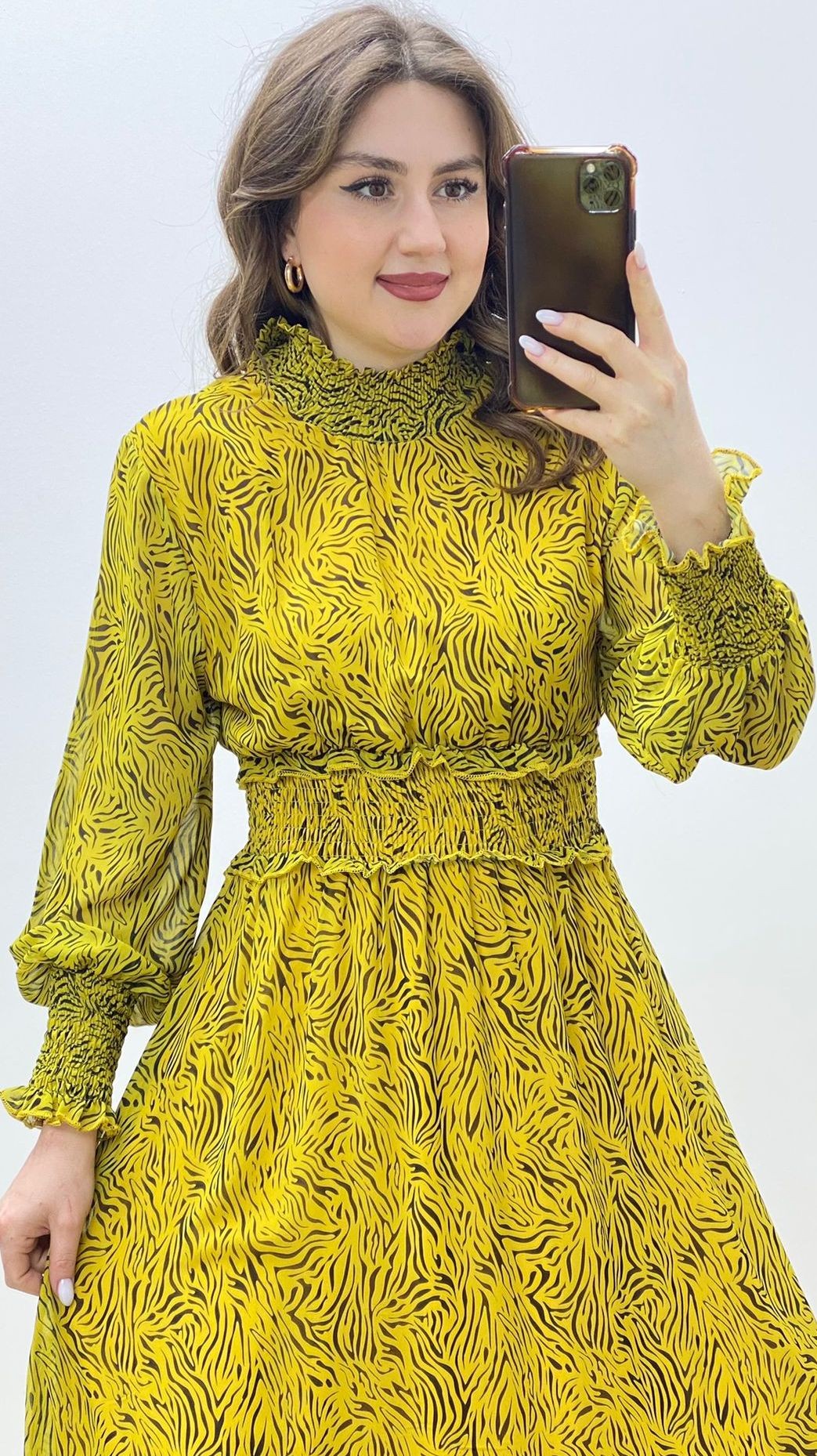 Gipeli Zebra Şifon Elbise Sarı