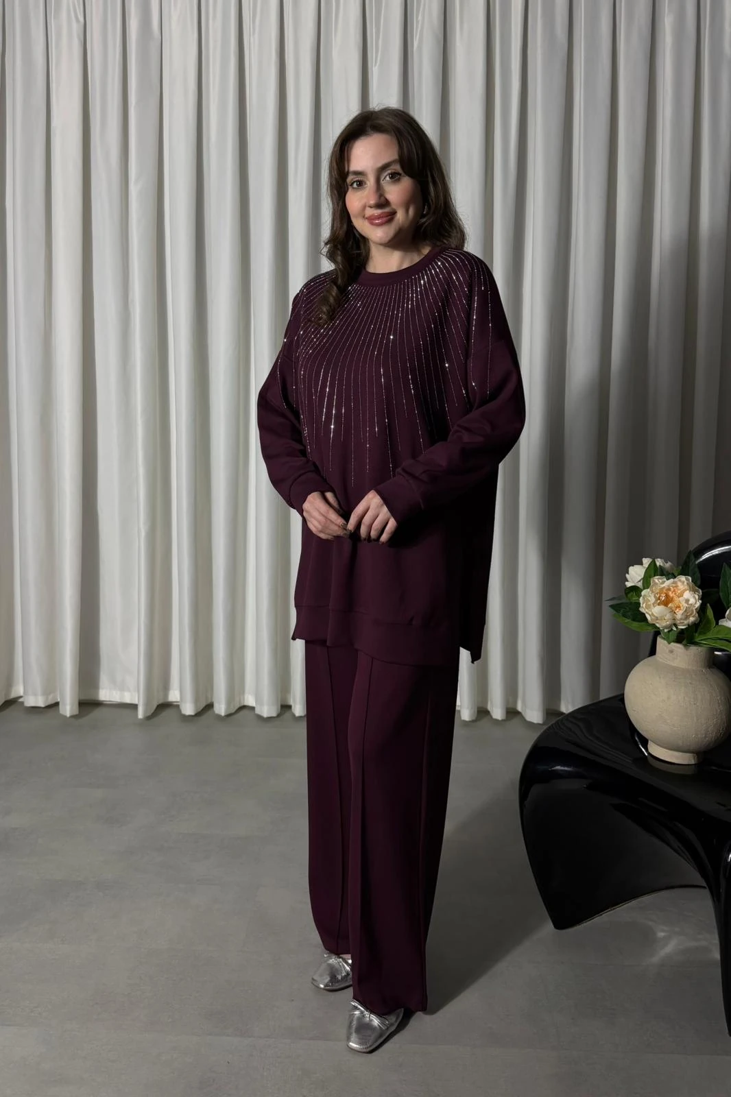 Sıra Taşlı İkili Takım - Bordo