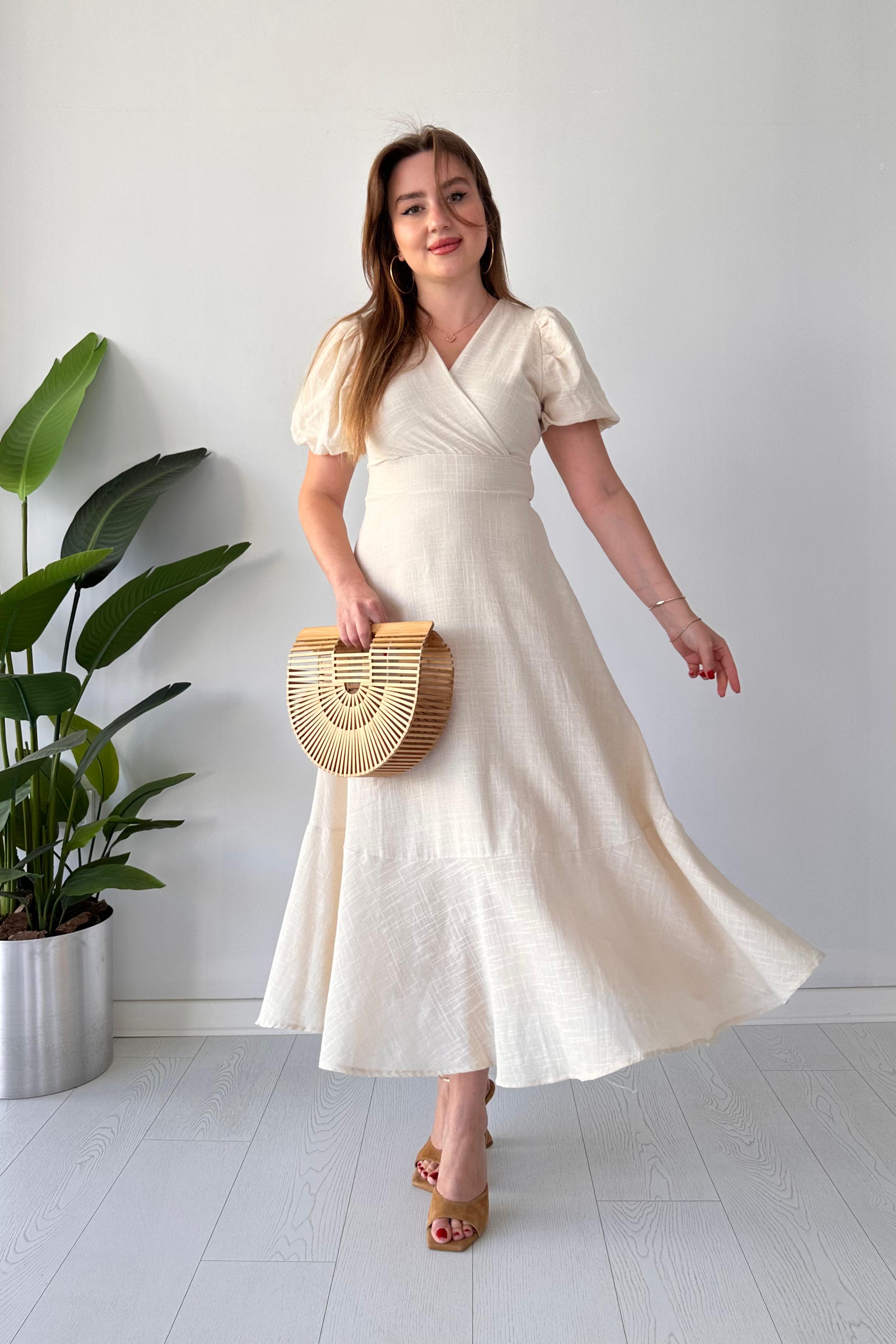 Eteği Volan Keten Elbise