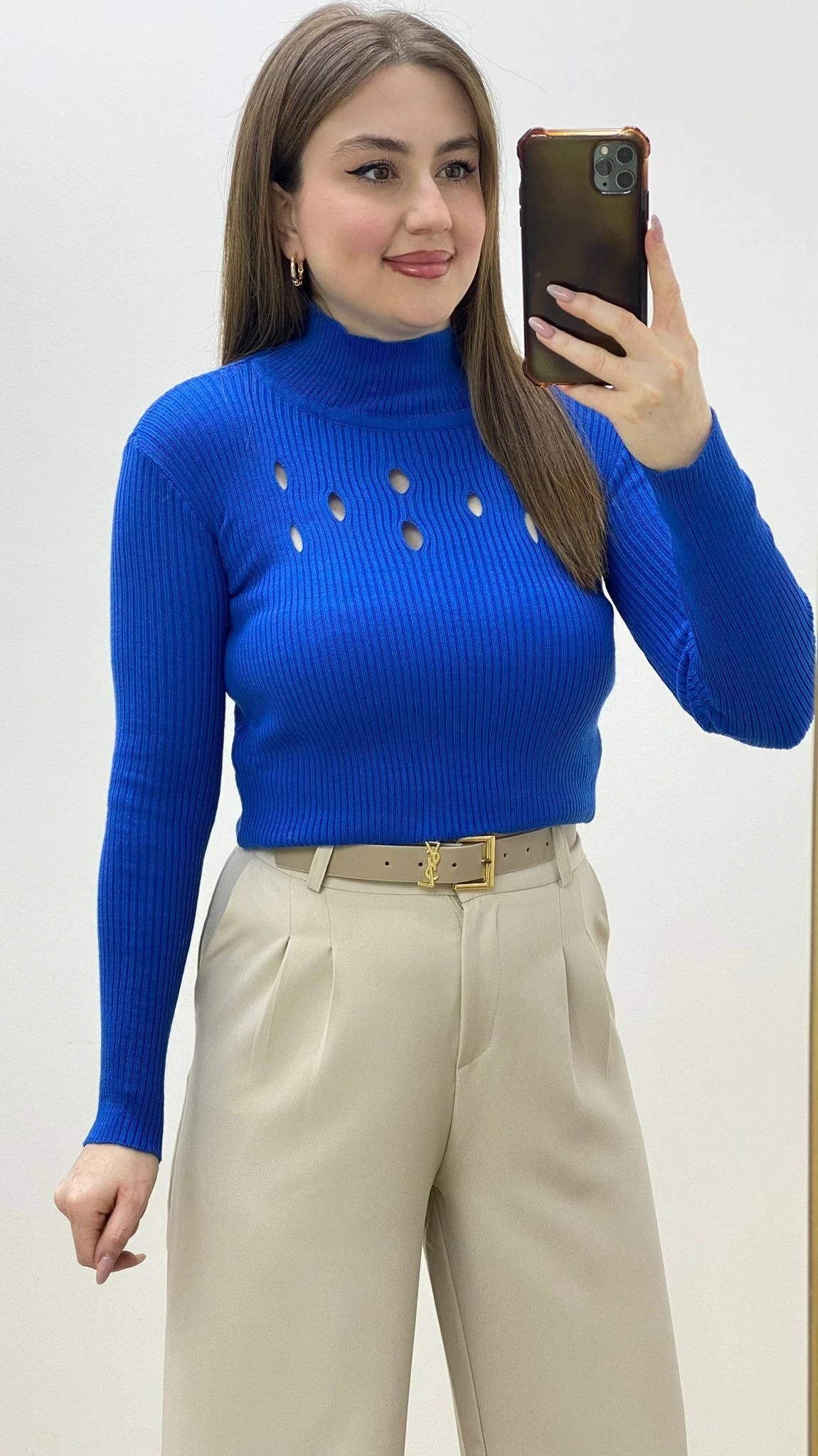 Damla Yaka Triko Kazak Saks Mavi