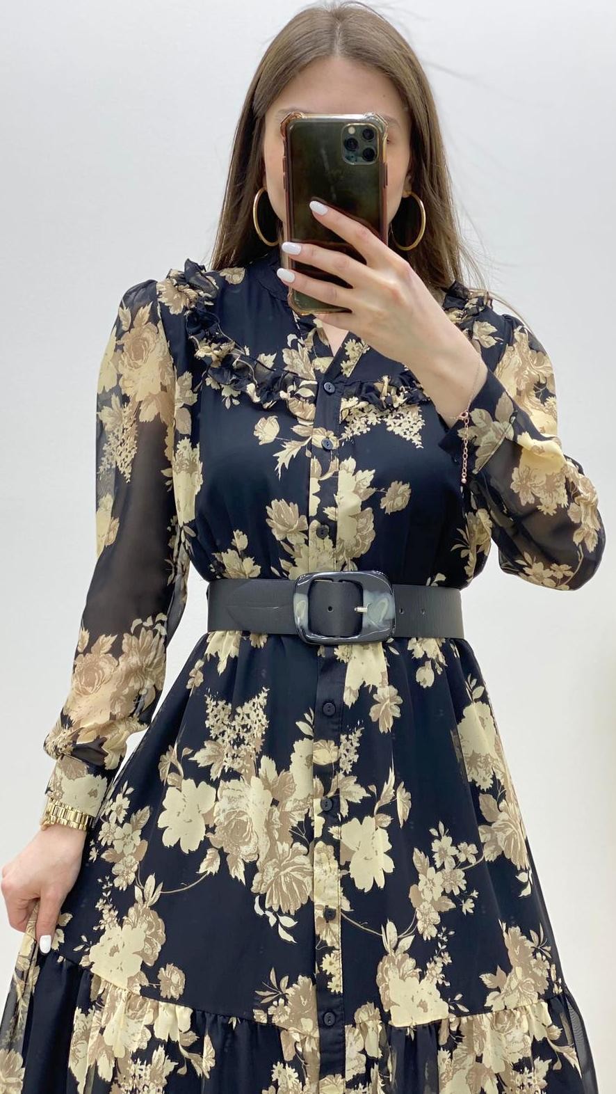 Bej Çiçekli Kemerli Şifon Elbise