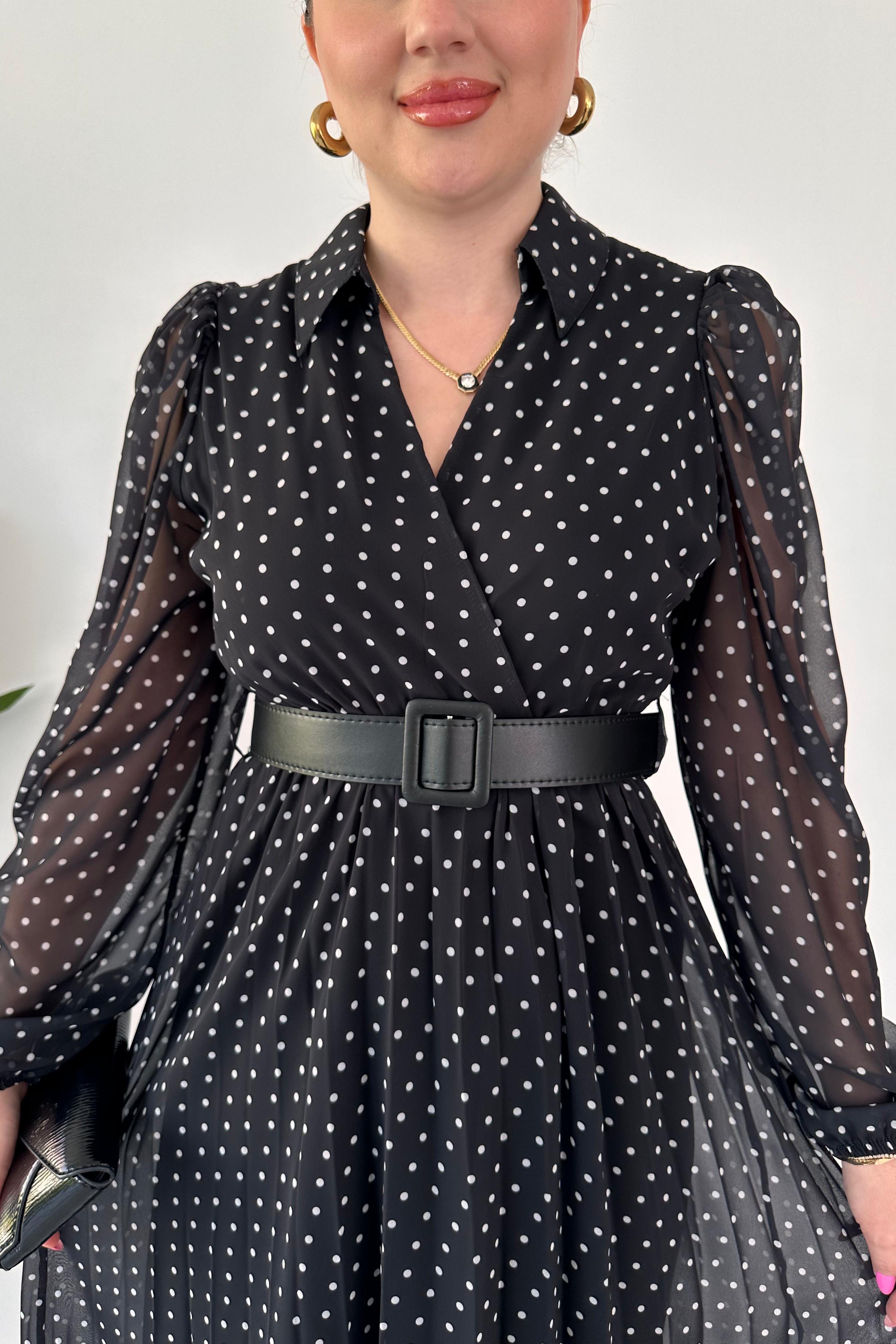 Yakalı Puantiye Şifon Elbise Siyah