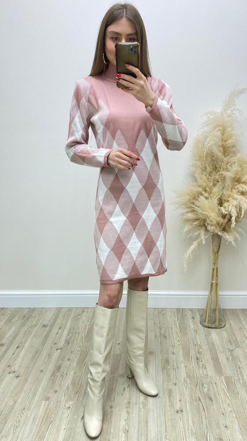 Ekoseli Triko Elbise Pudra