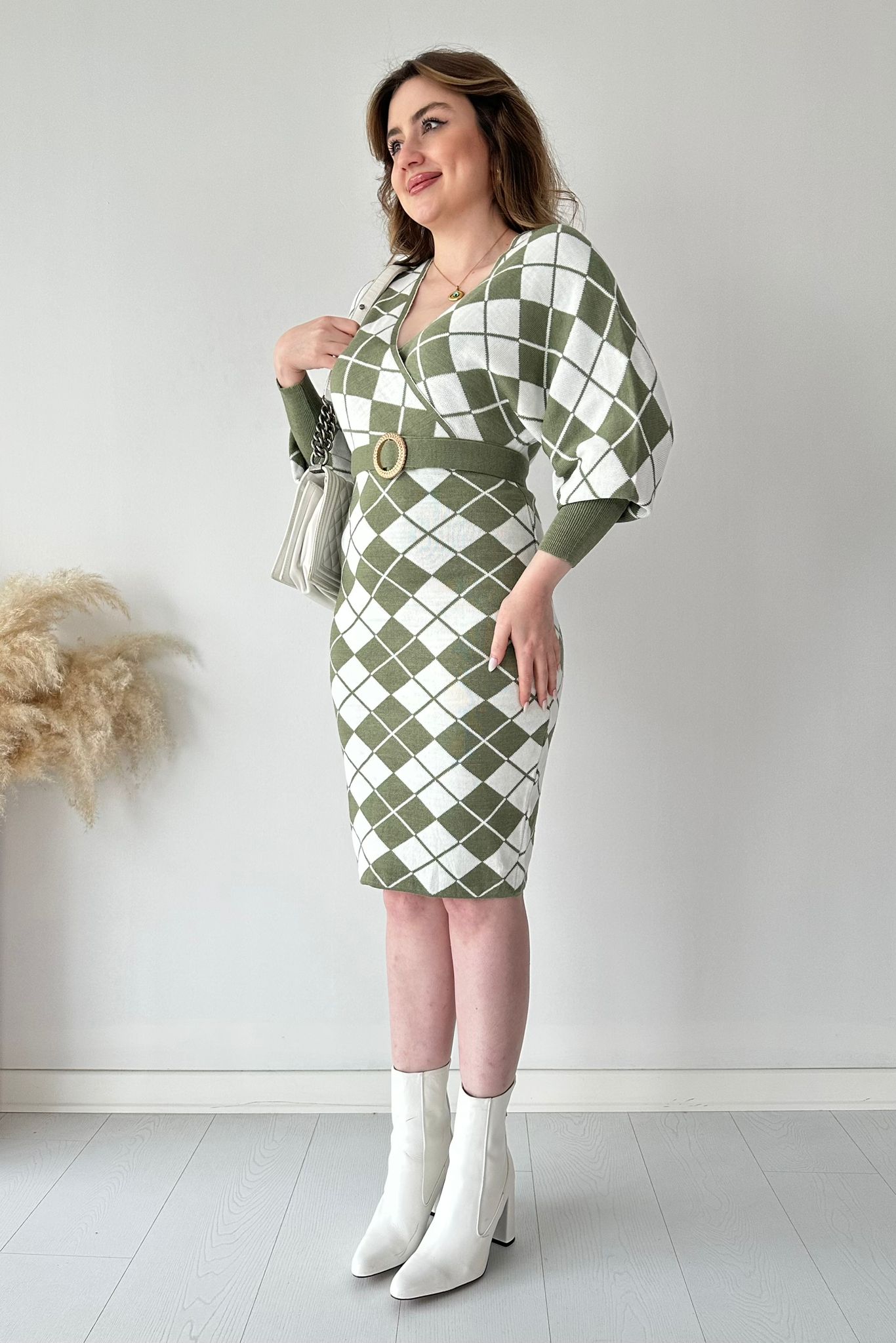 Kruvaze Ekoseli Triko Elbise