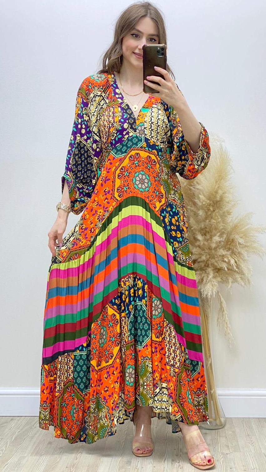 Etnik Desenli Maksi Viskon Elbise Turuncu