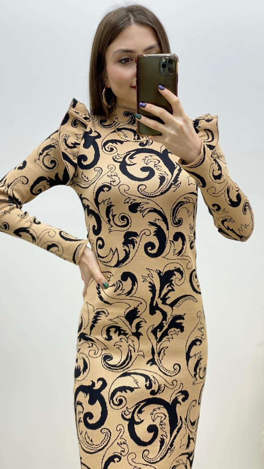 Jakarlı Triko Elbise Bej