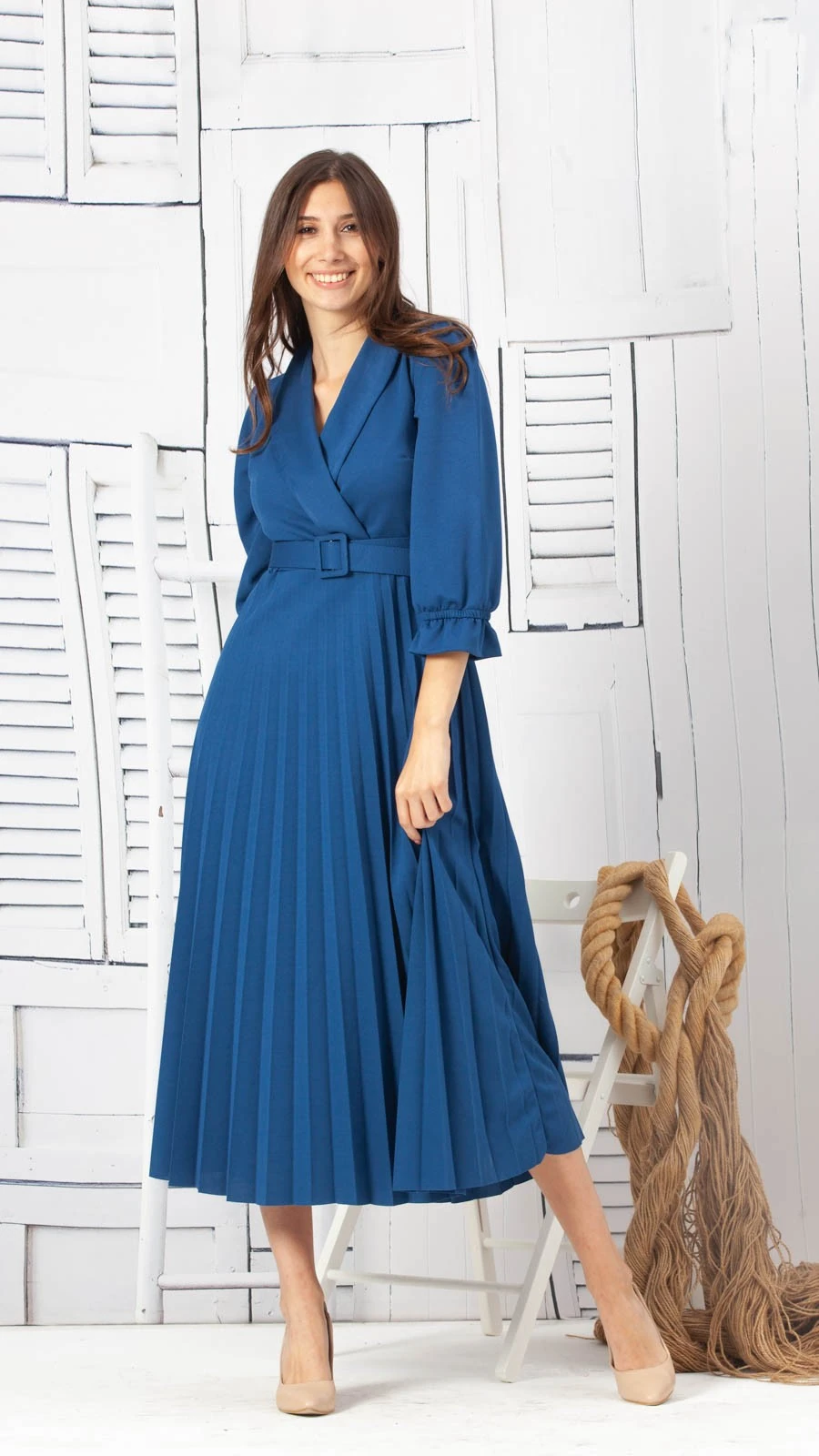 Kruvaze Piliseli Elbise - Lacivert