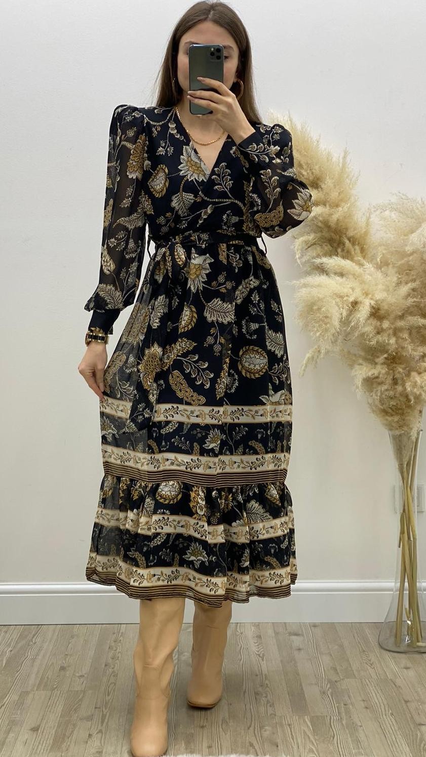 Çiçek Desenli Manşetli Şifon Elbise