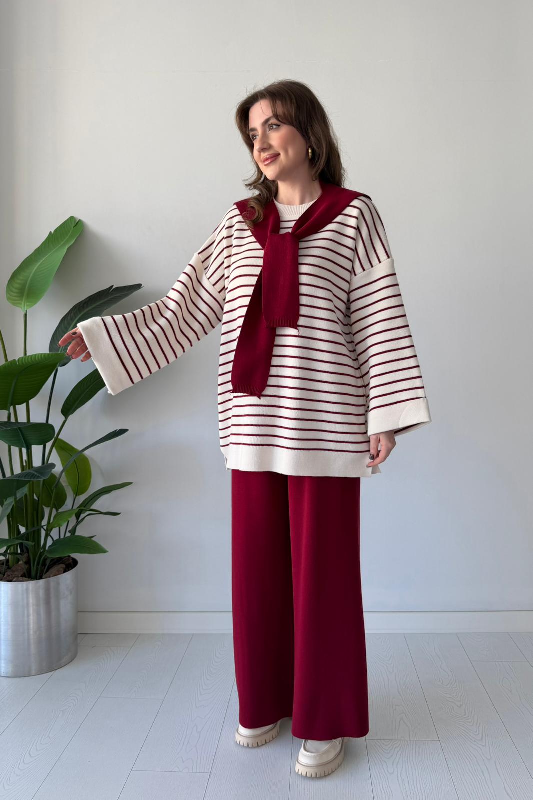 Bağlama Detaylı Triko Takım - Bordo