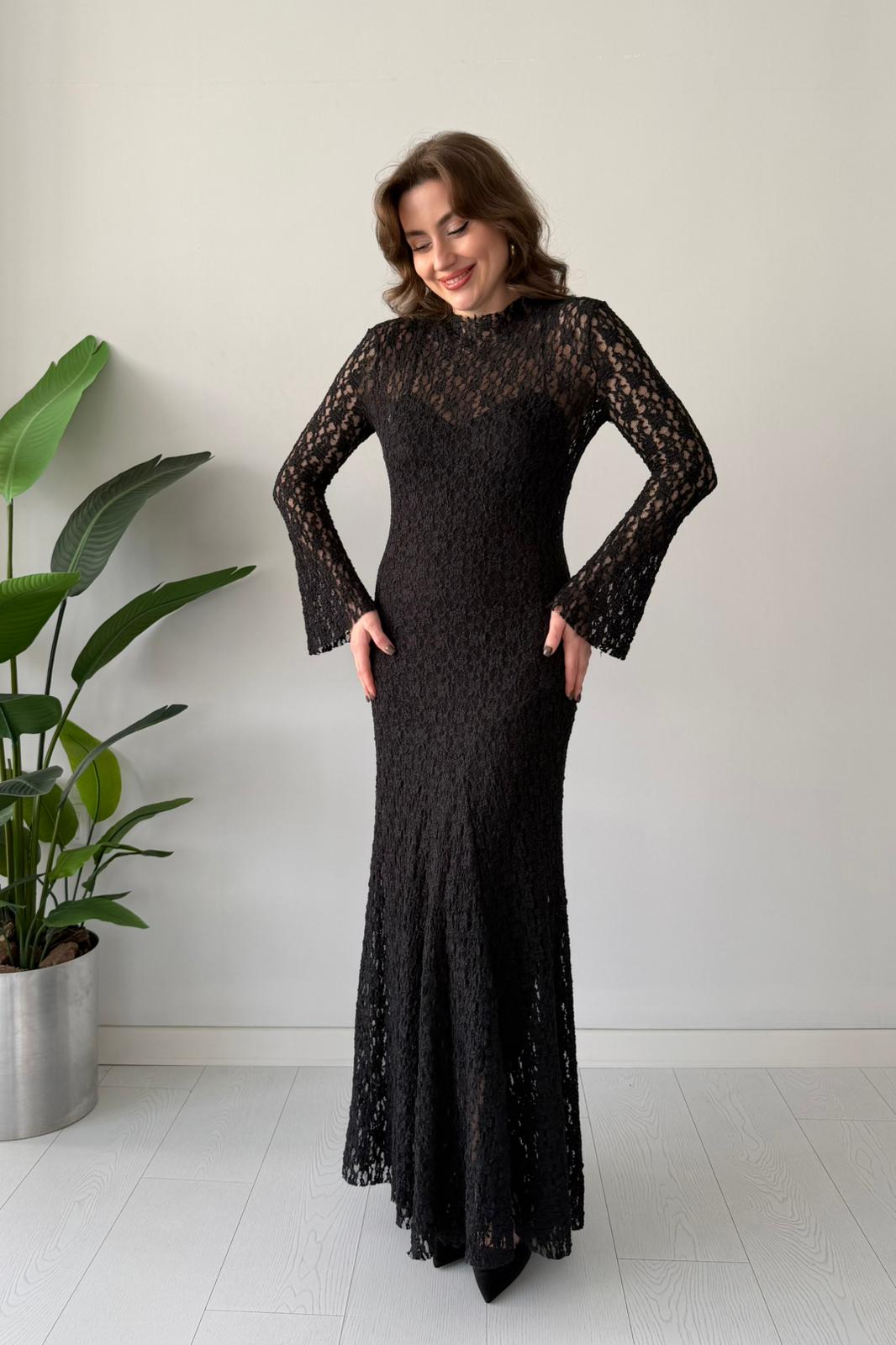 Maksi Dantel Elbise - Siyah