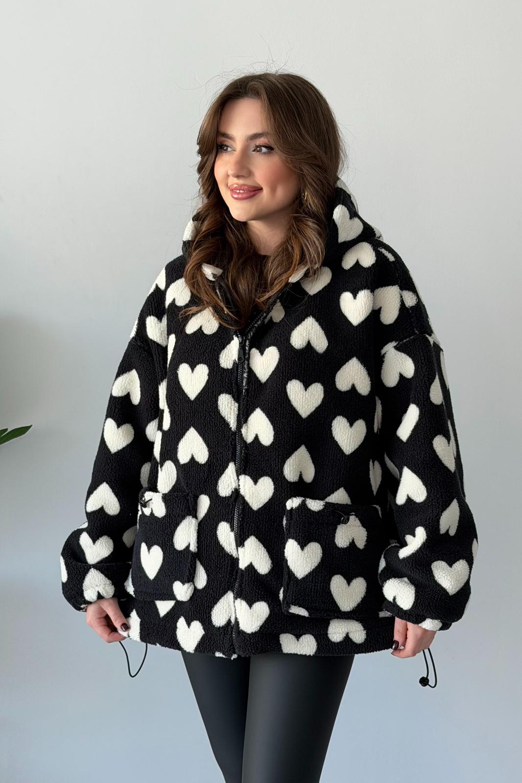 Kapşonlu Kalpli Peluş Mont - Siyah