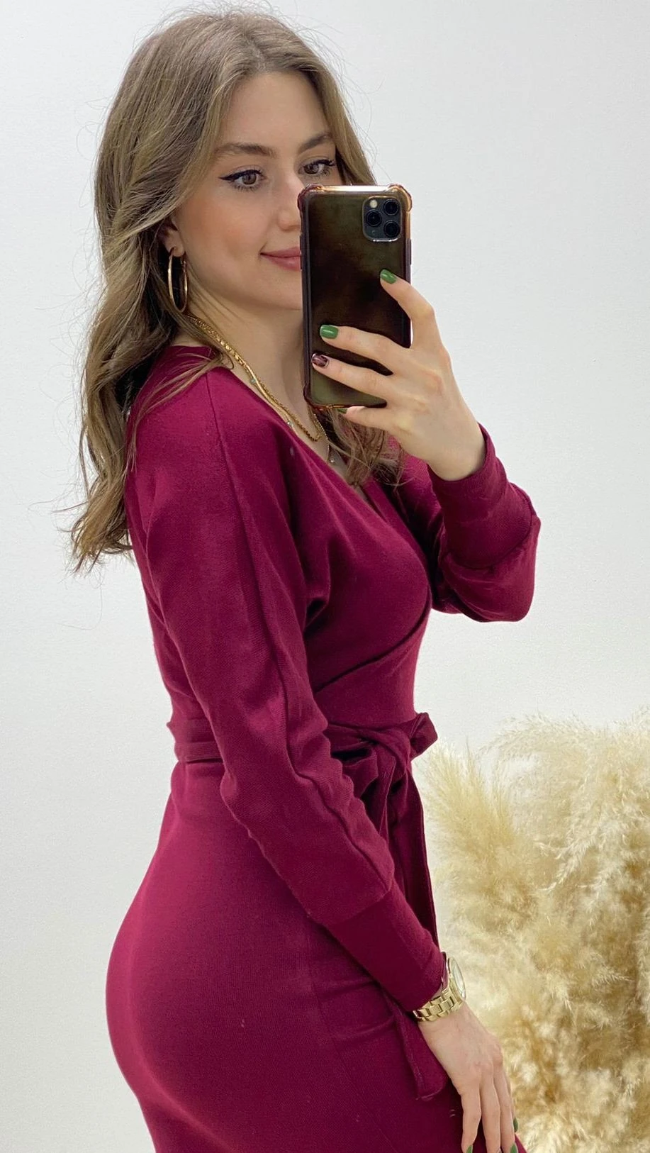 Kruvaze Midi Triko Elbise Bordo