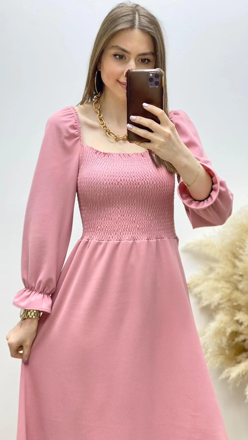 Maksi Gipeli Kare Yaka Kloş Elbise Pudra