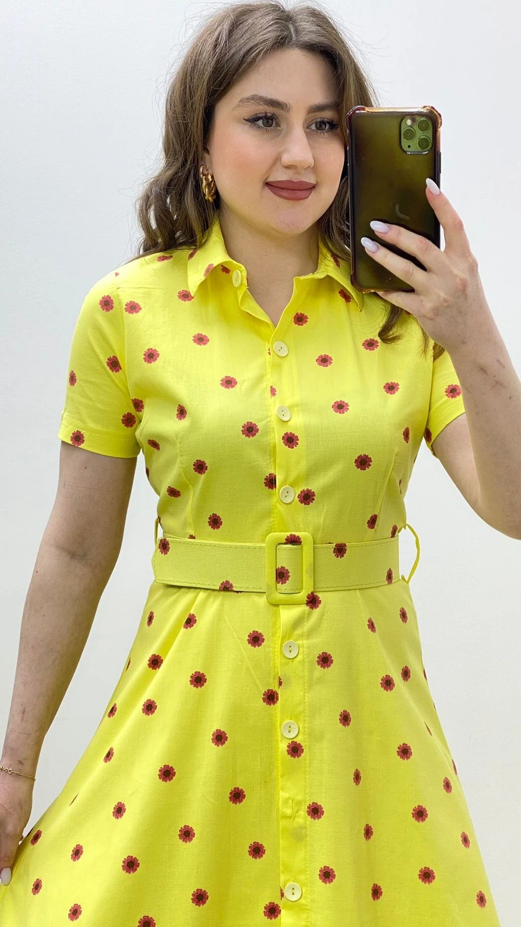 Pembe Papatya Gömlek Elbise Sarı