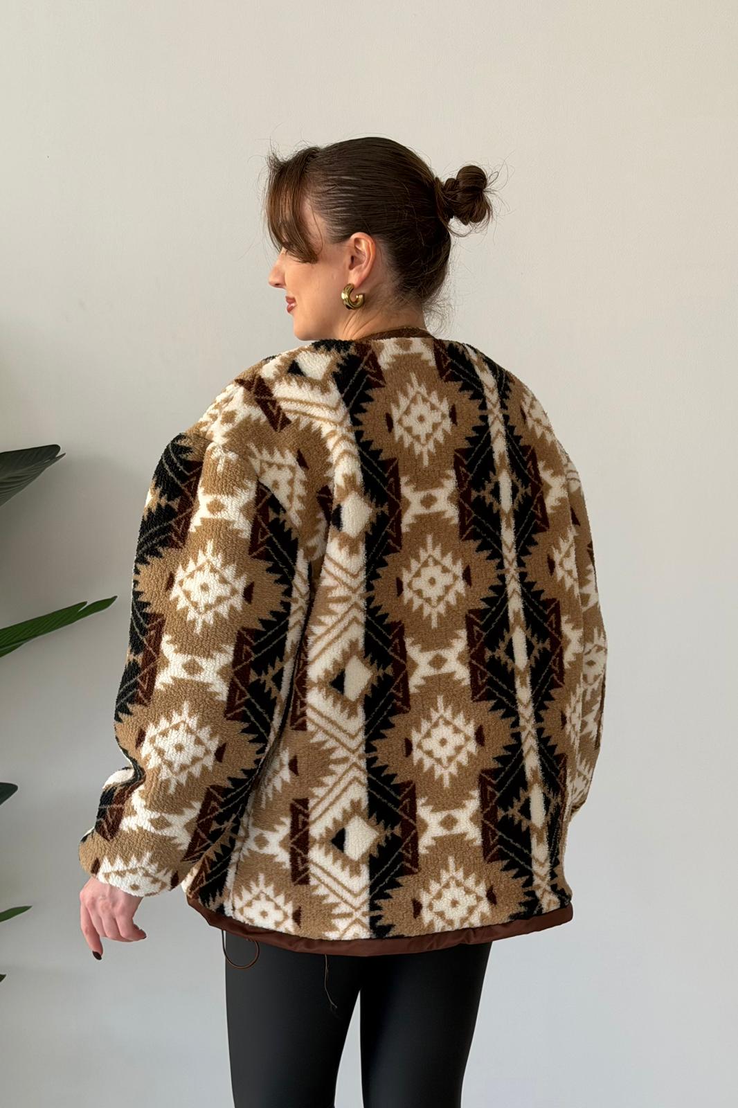 Etnik Desen Peluş Mont