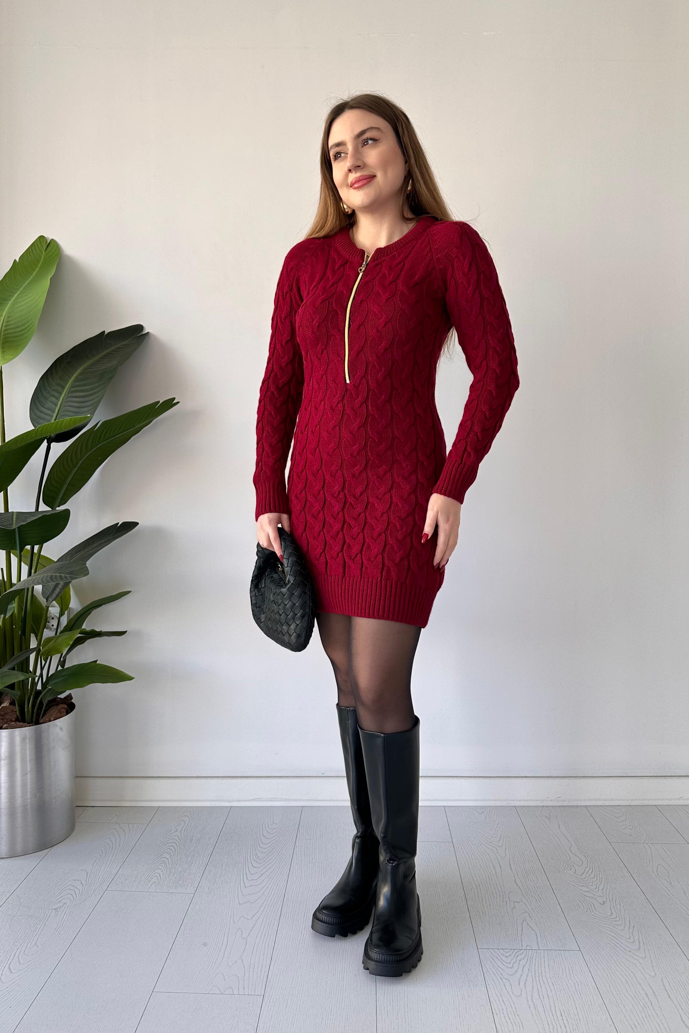 Saç Örgü Fermuar Detaylı Triko Elbise