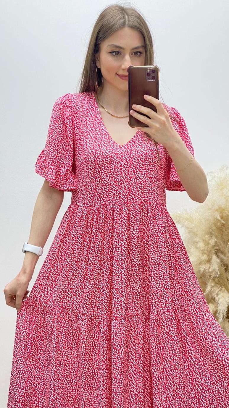 Yaprak Desen Viskon Elbise Kırmızı