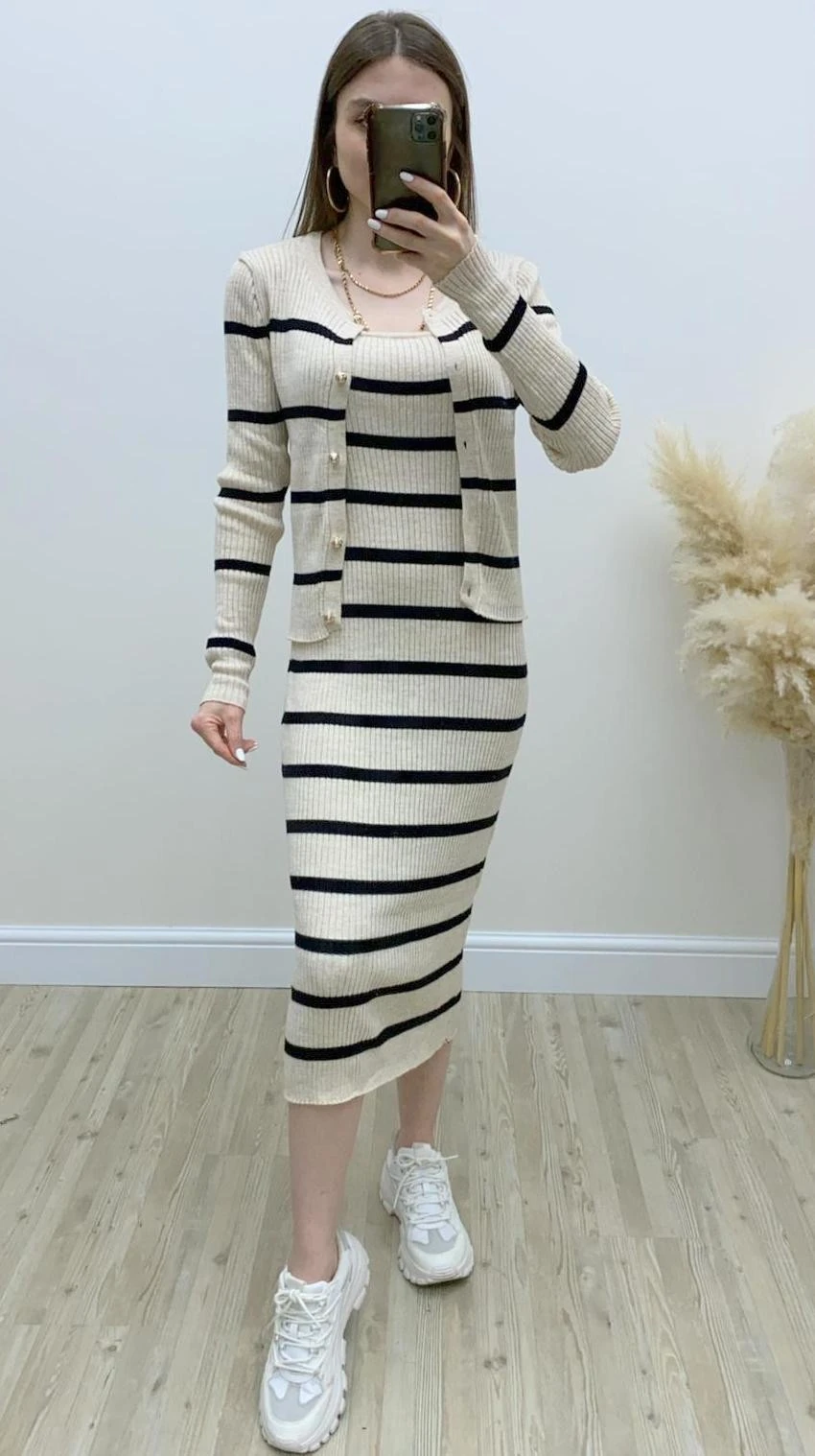 Hırkalı İp Askılı Triko Elbise Bej