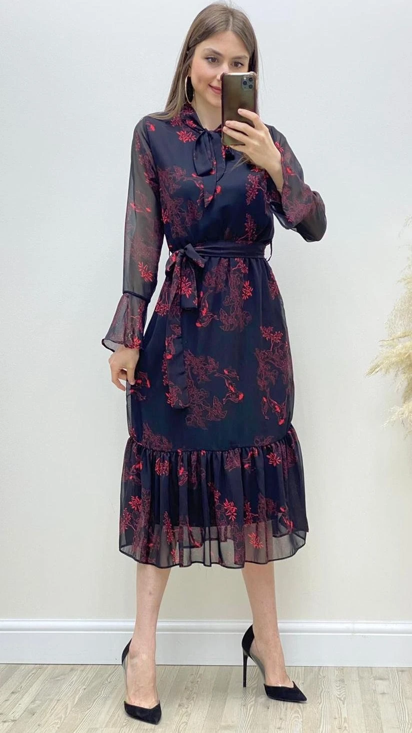 Yaka Bağlama Etek Volan Şifon Elbise Kırmızı