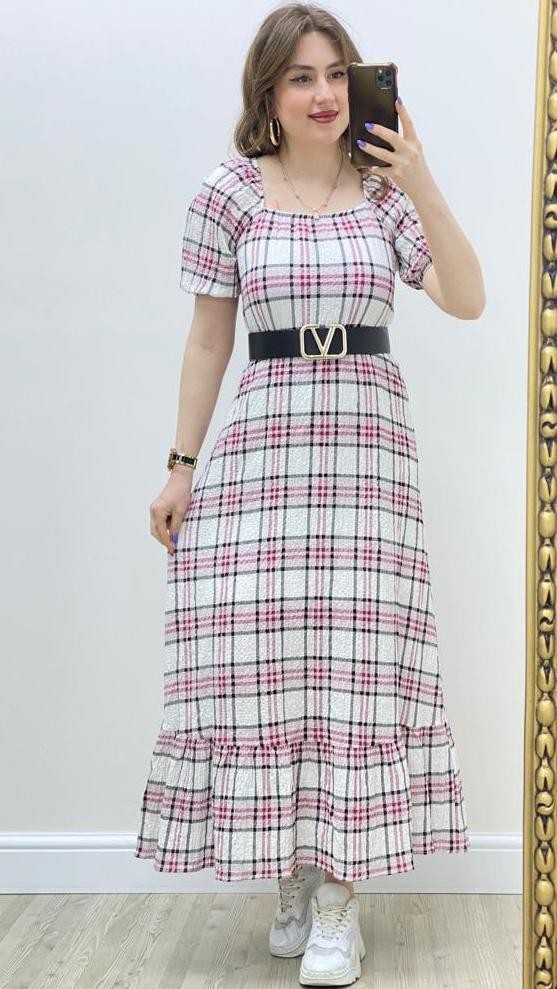 Ekoseli Astarlı Elbise Bordo