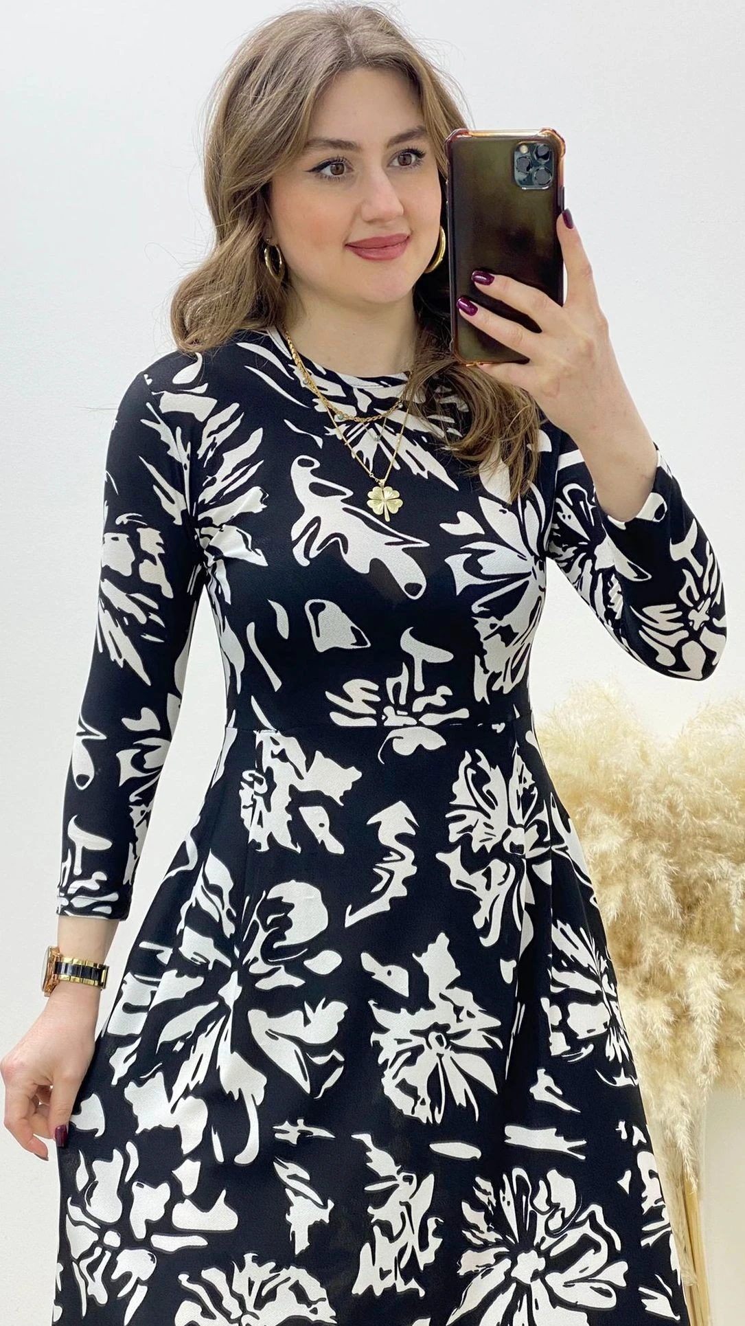 Cepli Desenli Kloş Elbise