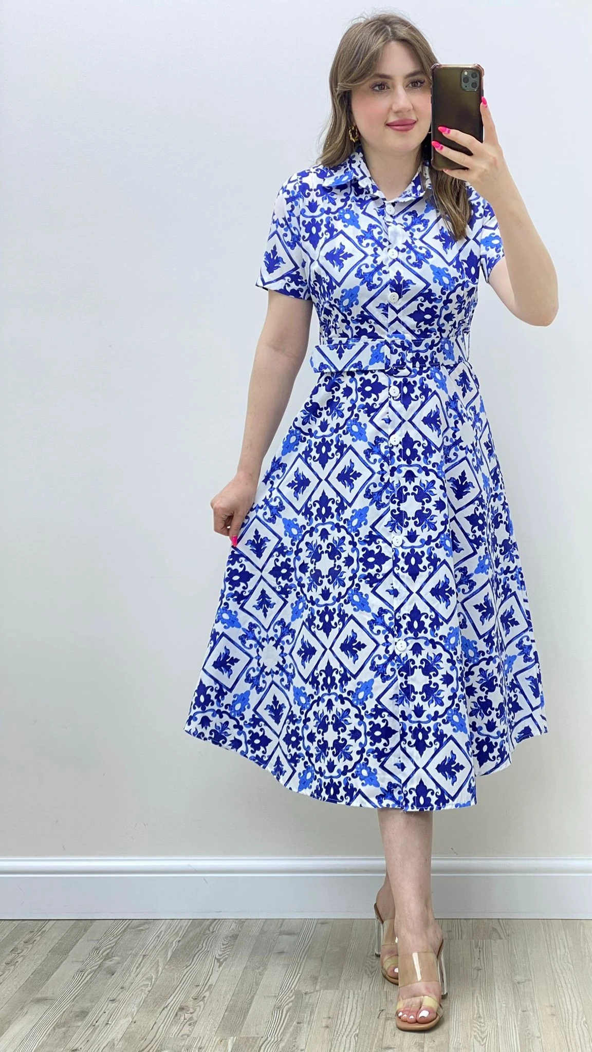 Etnik Poplin Gömlek Elbise Mavi