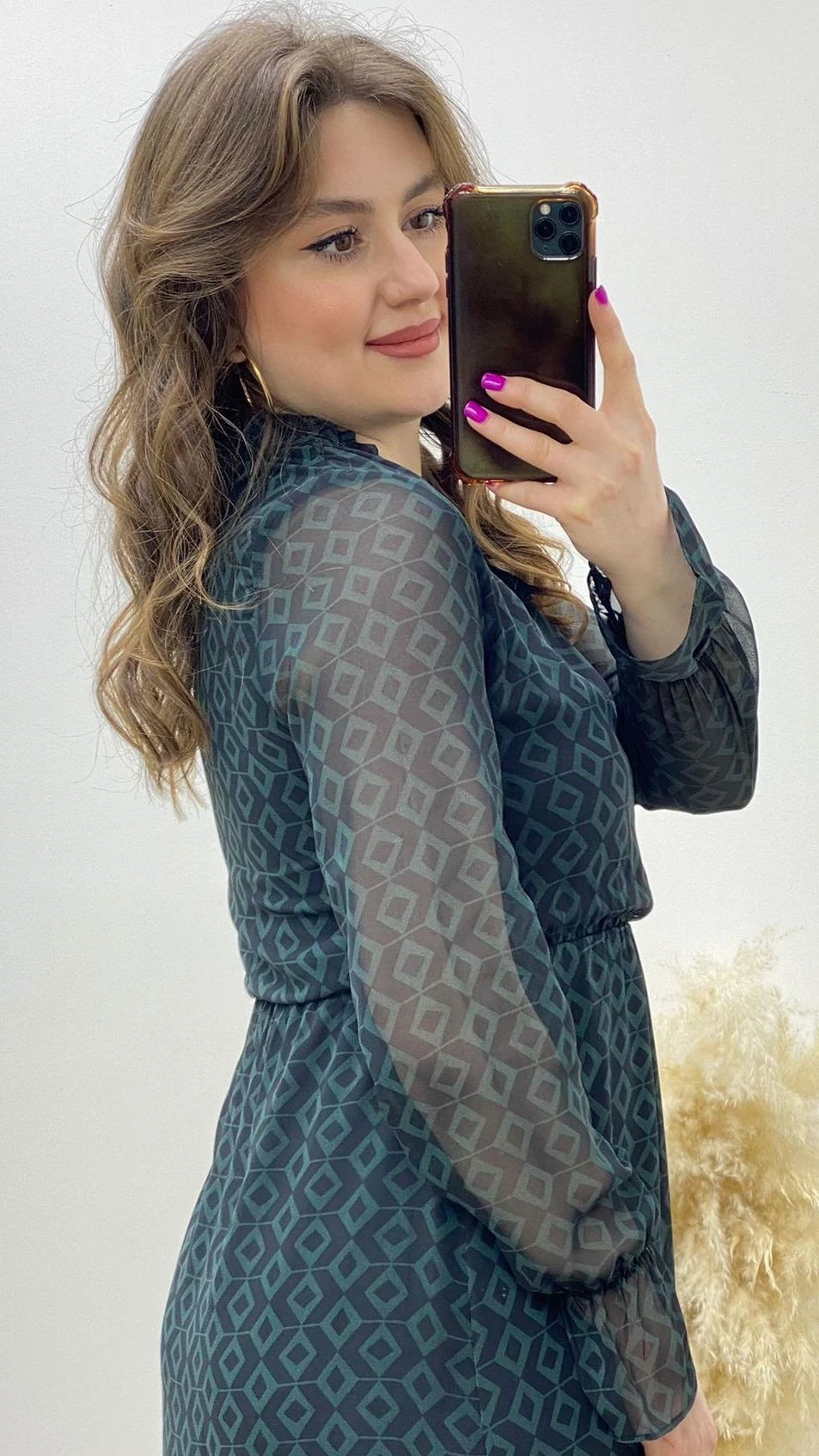 Dörtgen Desen Şifon Elbise Petrol