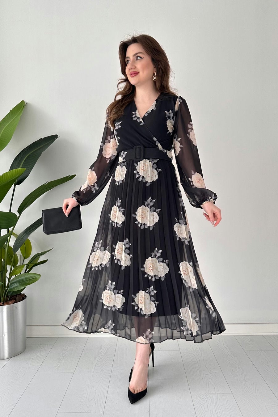 Midi Gül Şifon Elbise