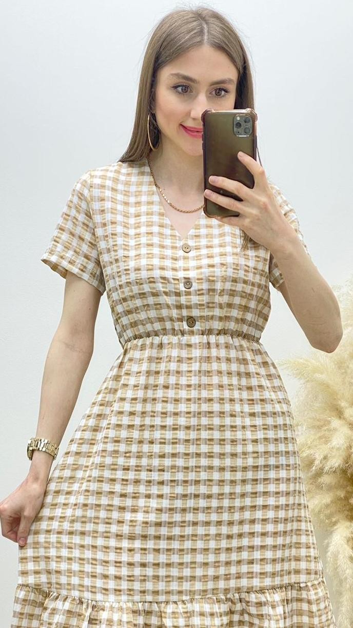 Düğmeli Pötikare Kloş Elbise Bej