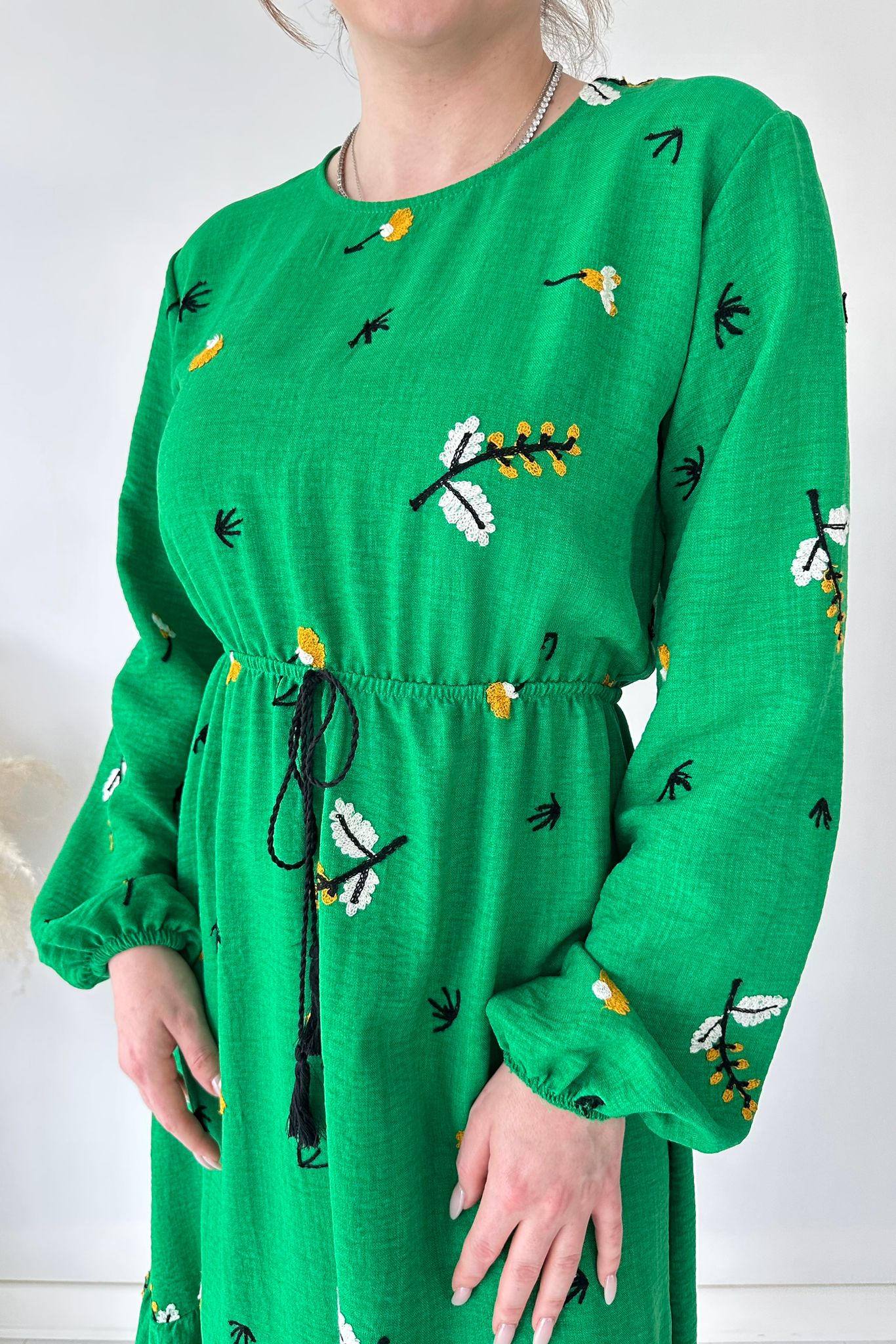 Nakışlı Bel Lastik Elbise Yeşil