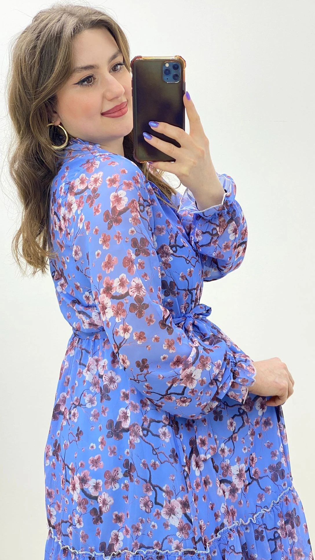 Kiraz Çiçeği Şifon Elbise Mavi