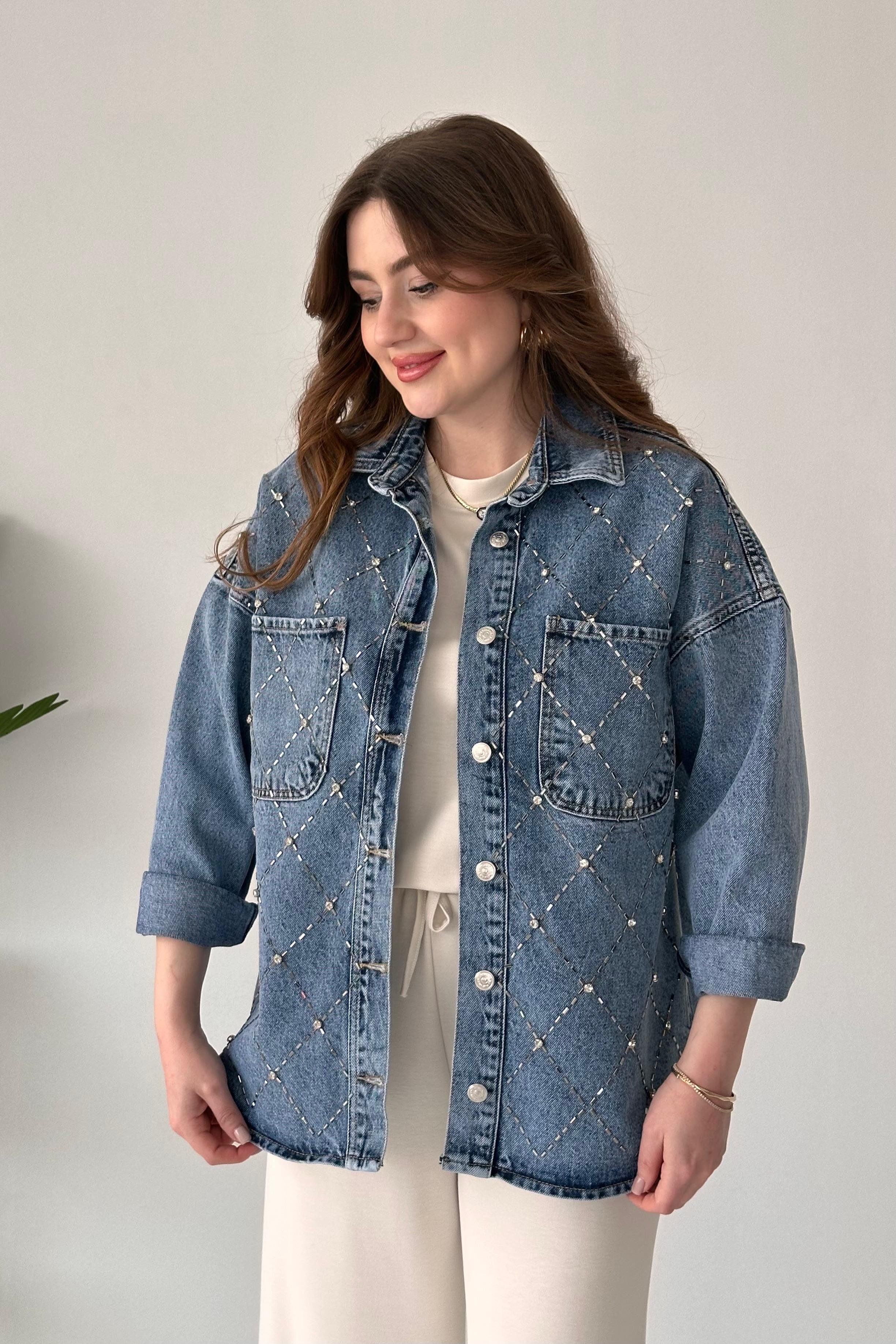 Çapraz Taşlı Denim Ceket