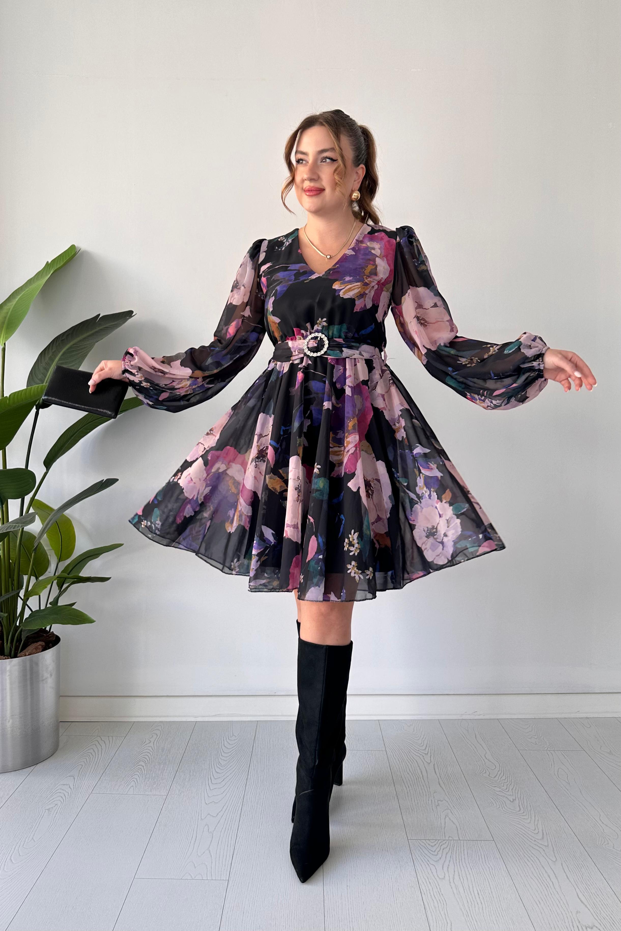 Floral Şifon Elbise