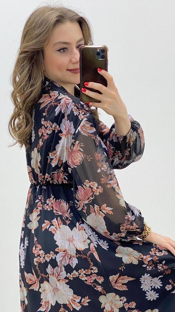 Gardenya Desen Şifon Elbise Siyah