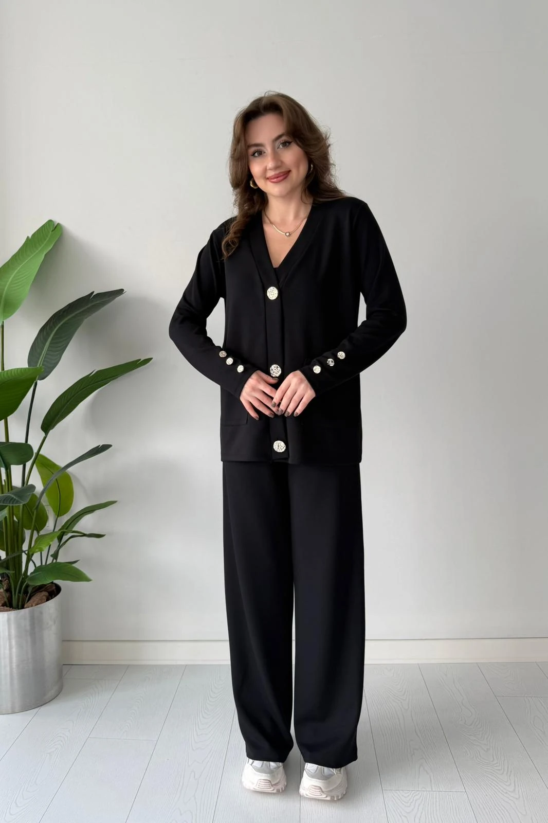 Düğmeli Hırka Takım - Siyah