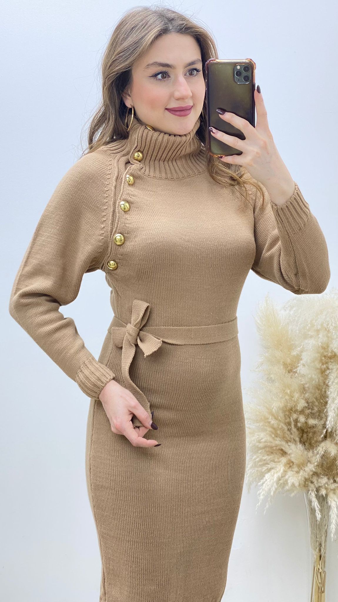 Gold Düğmeli Triko Elbise Bej