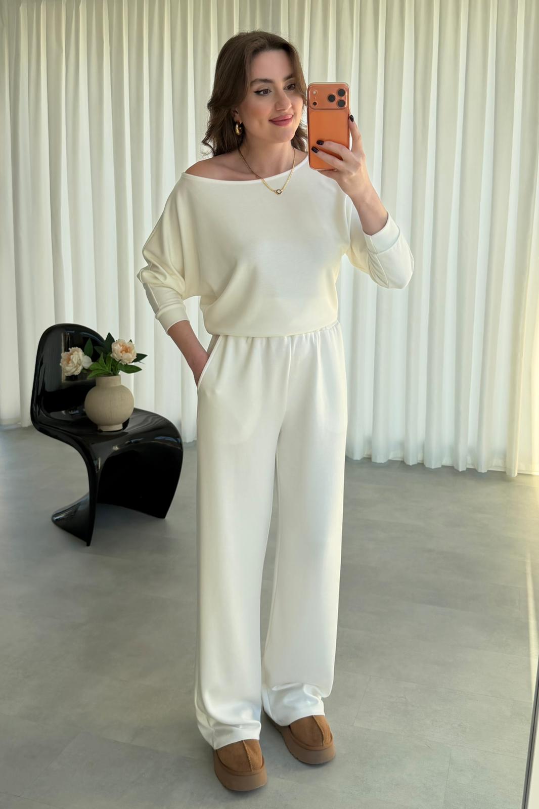 Kayık Yaka Modal Takım - Ekru