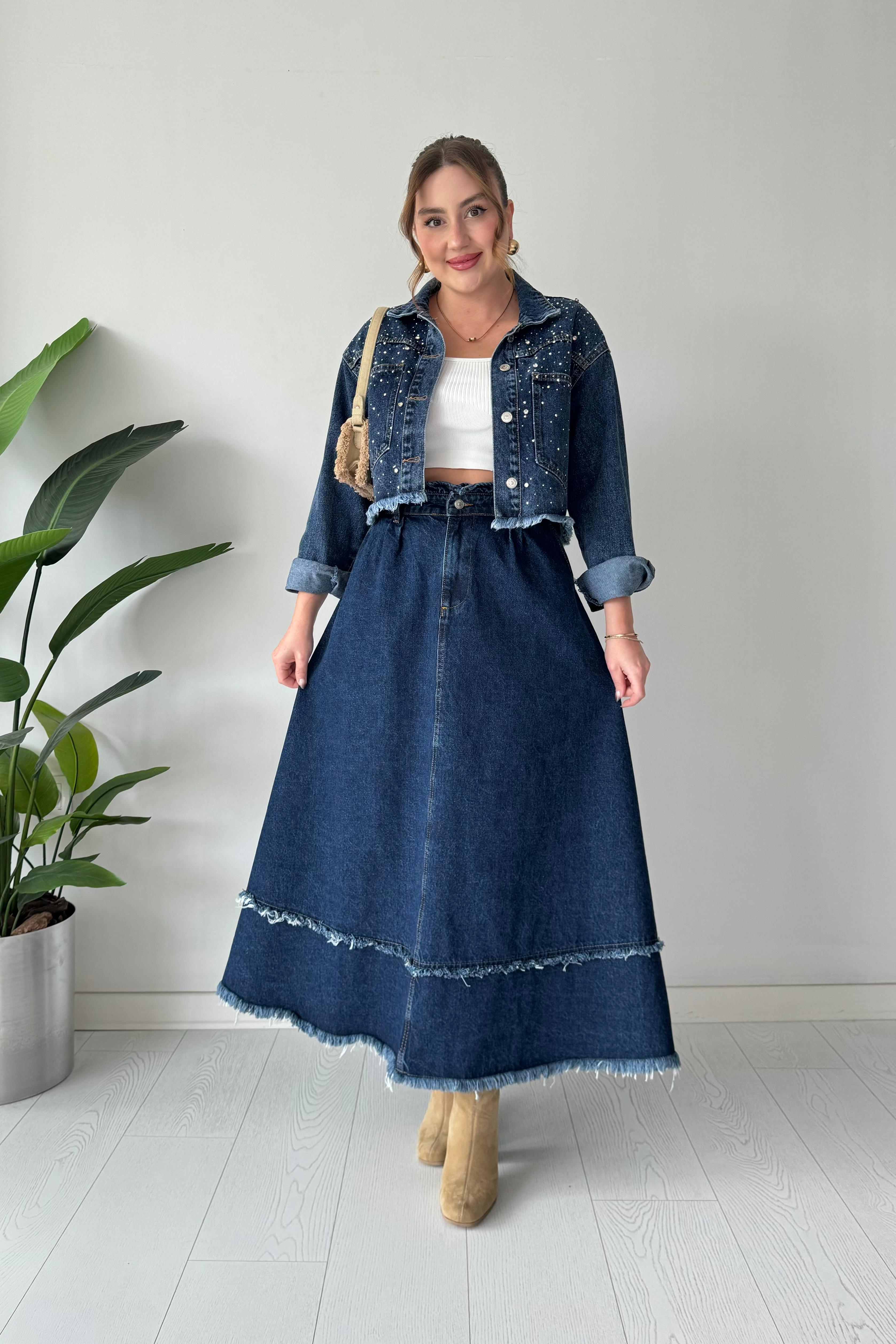 Midi Kloş Denim Etek