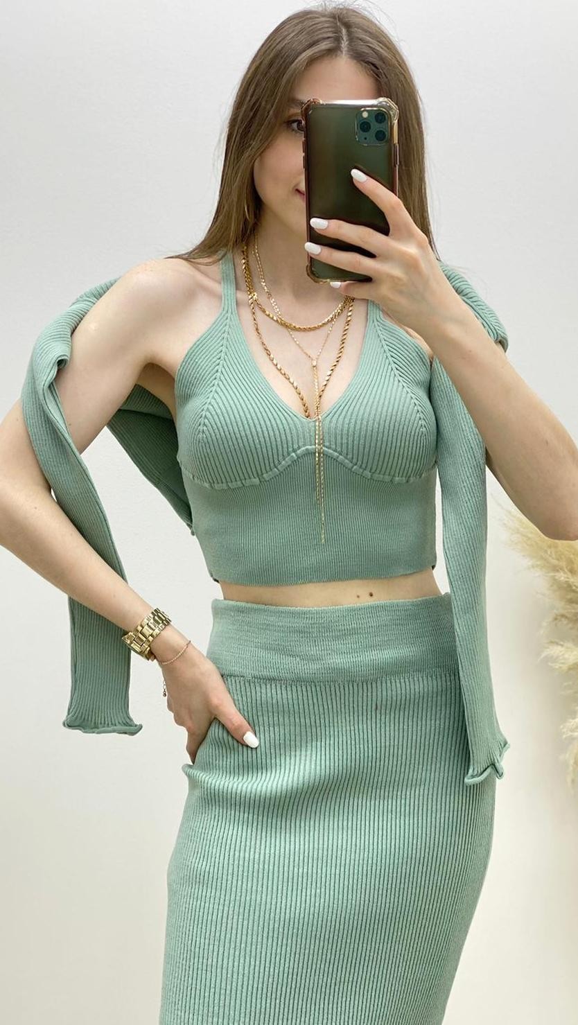 Büstiyerli Etek Triko Takım Mint