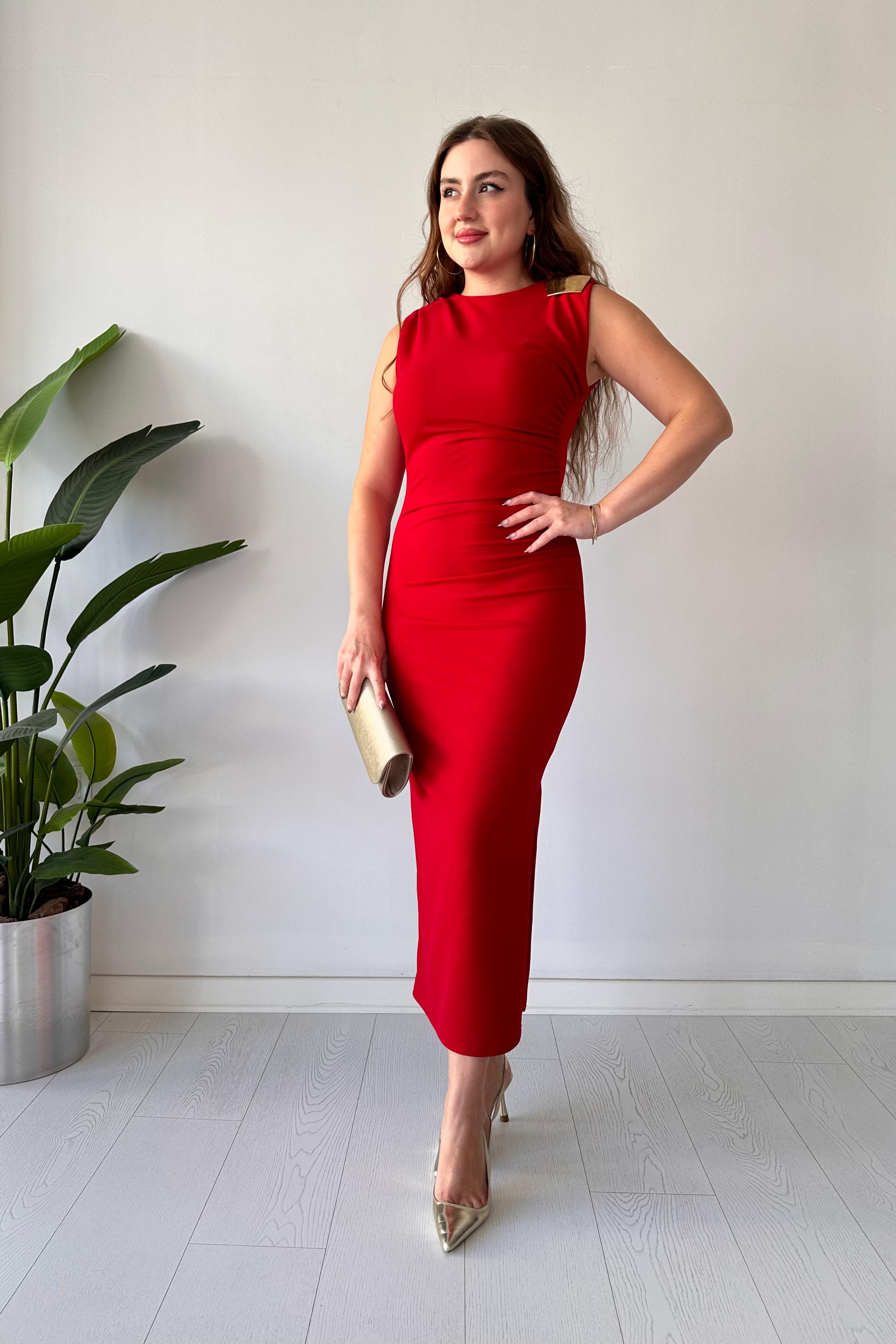 Omuz Tokalı Krep Elbise