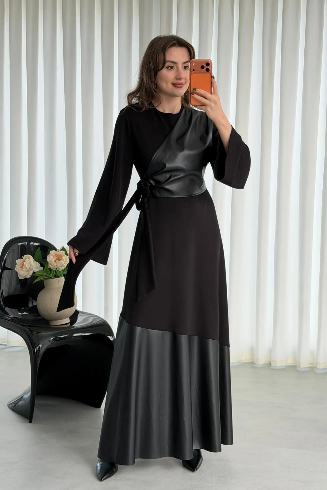 Deri Garnili Elbise - Siyah