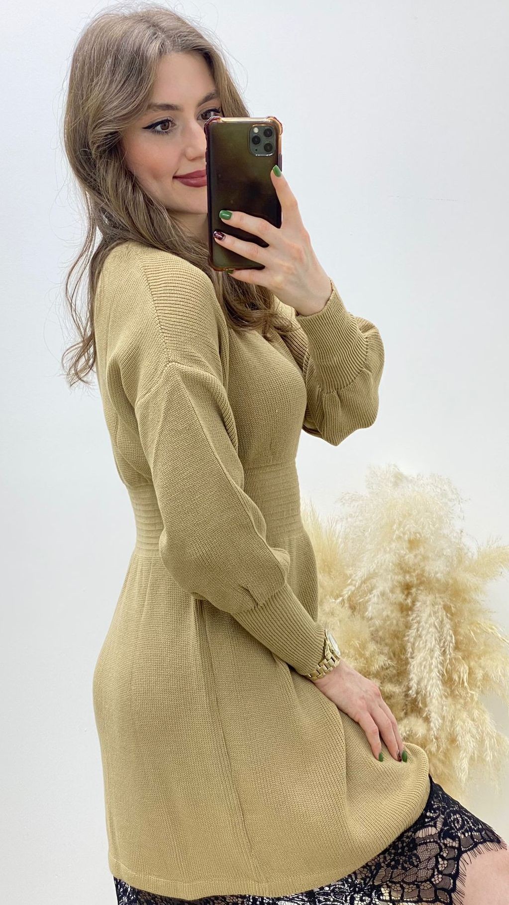 Eteği Dantel Triko Elbise Bej