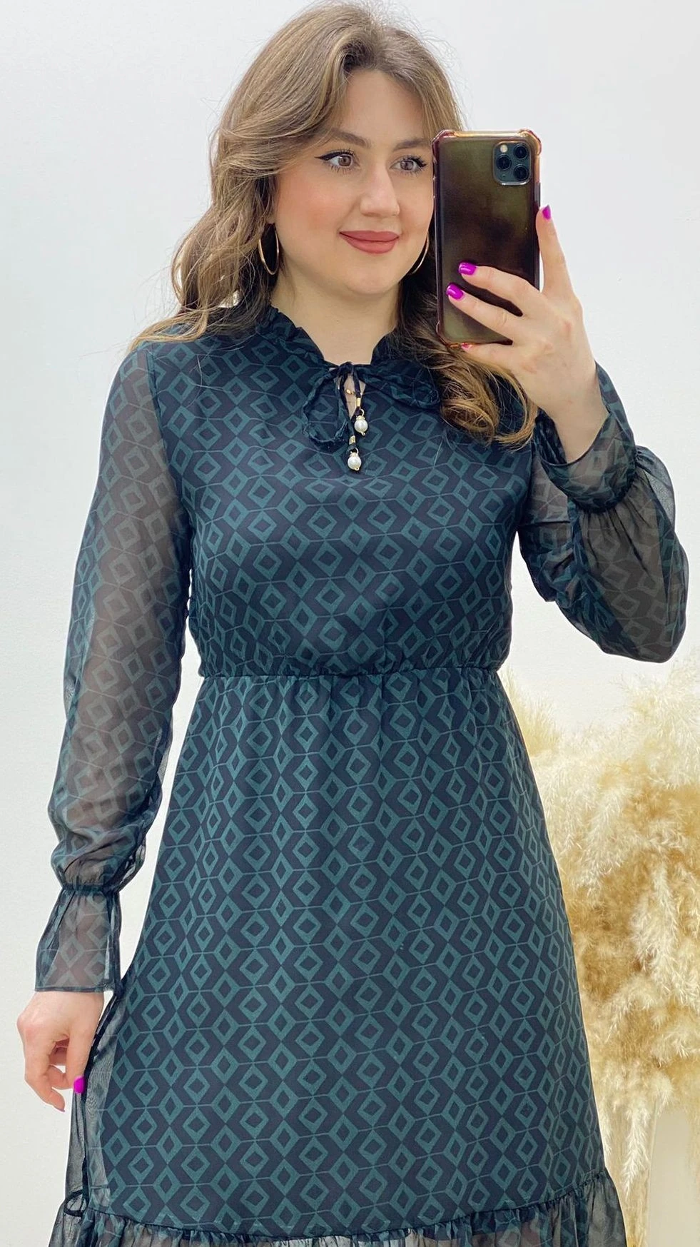 Dörtgen Desen Şifon Elbise Petrol