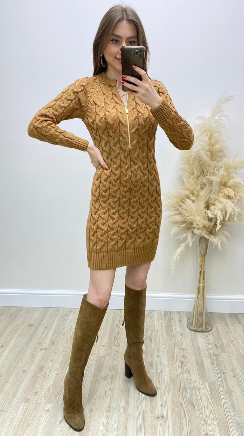 Saç Örgü Fermuar Detaylı Triko Elbise Taba